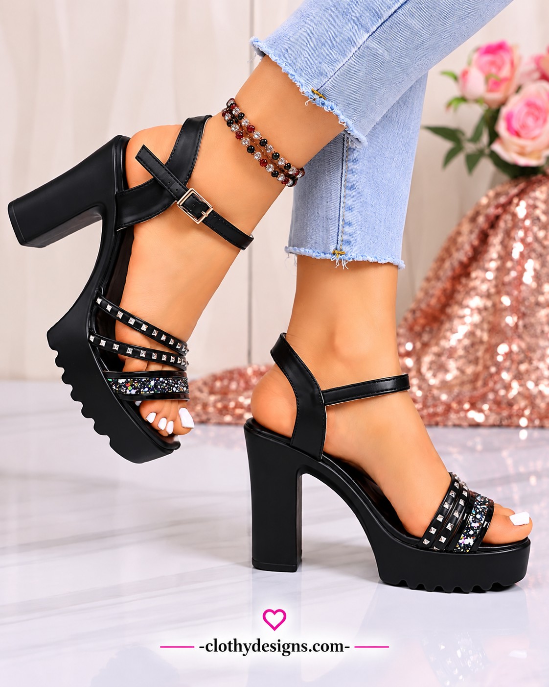 Women’s Vintage Rivet Wedge Sandals – Platform High Heels with Ankle Buckle